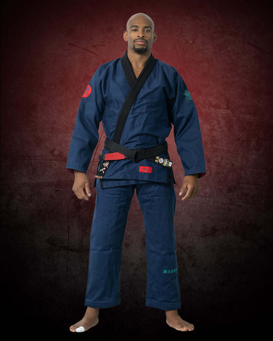 Ronin BJJ practitioner in a dark blue Brazilian Jiu Jitsu gi, showcasing expertise in martial arts.