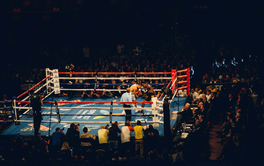 Boxing match in a crowded arena showcasing the excitement and intensity of the sport.