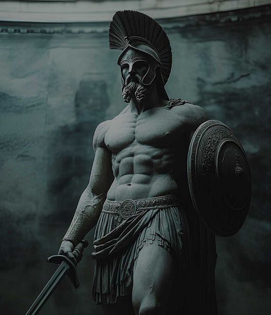 Statue of a Spartan warrior, showcasing ancient martial arts with sword and shield.