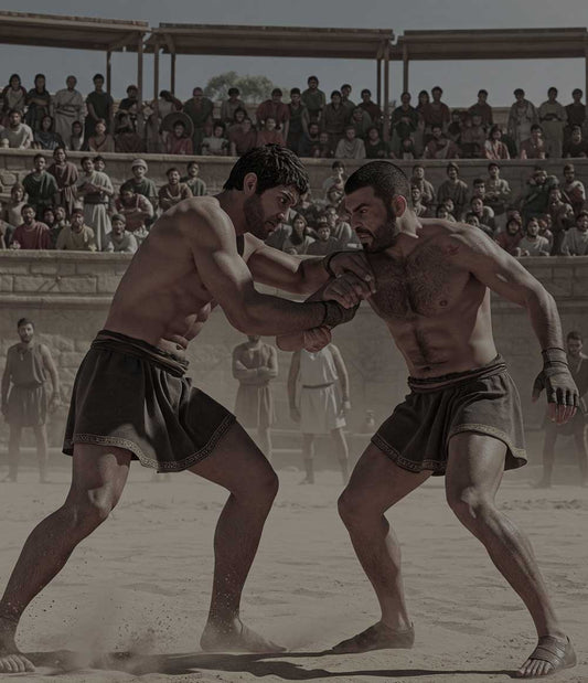 Paragon Elite Fight .Two ancient wrestlers competing in a dusty arena, showcasing the History of traditional combat sports.