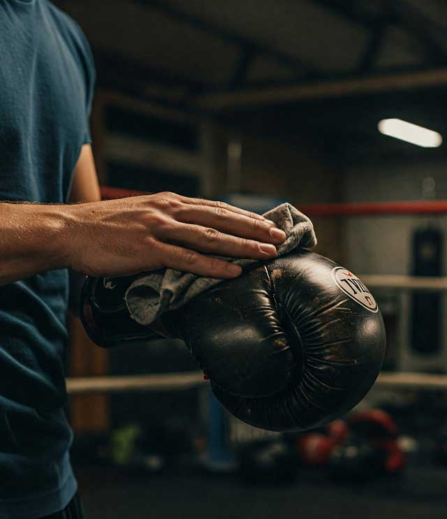 A boxer cleaning gloves before the big fight in the gym, highlighting the preparation for the Fight.