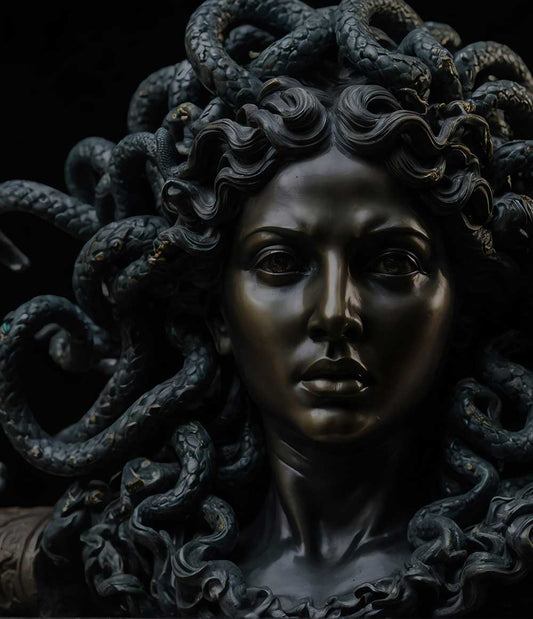 Martial Arts - Paragon Elite Fight -Close-up of a Medusa statue featuring snake hair, representing strength and mythological beauty.