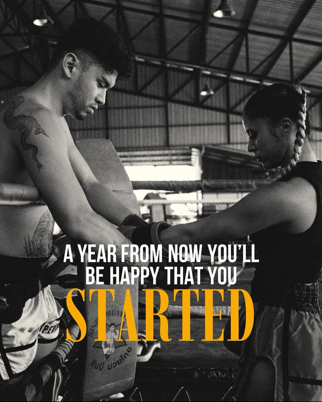 Training session featuring two boxers, inspired by the quote about starting to achieve goals with Professional Boxing Gloves.