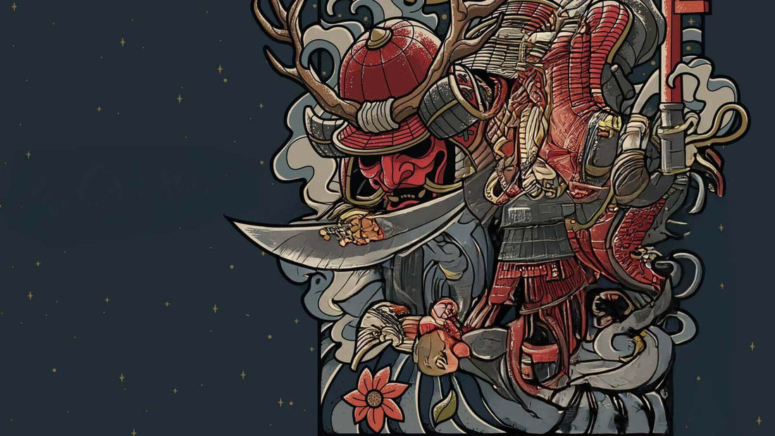 A colorful illustration featuring a warrior with a sword, adorned in intricate armor and floral designs.