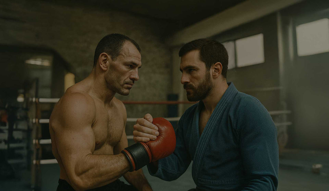Boxing training session between two athletes focusing on skills and techniques in the ring.