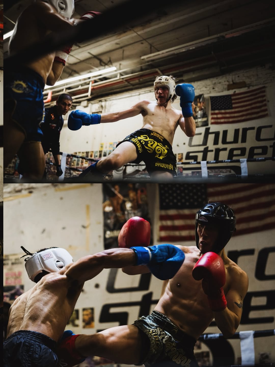 Intense boxing match featuring fighters exchanging powerful punches in a training gym.