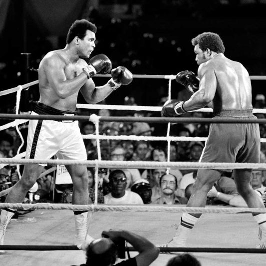 Muhammad Ali and George Foreman boxing during the legendary Rumble in the Jungle match, 1974.