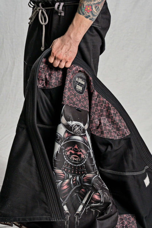 Fight gear featuring an intricate graphic design on the inside lining of a jiu-jitsu gi.