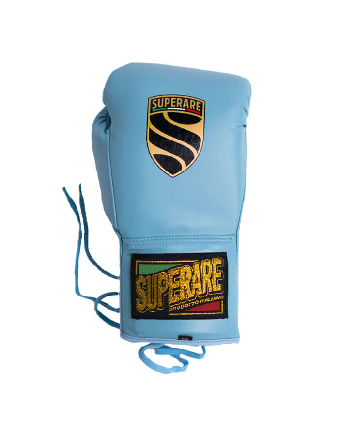 Superare S40 boxing glove in cielo sky blue with logo, crafted in Italy from premium Italian leather.