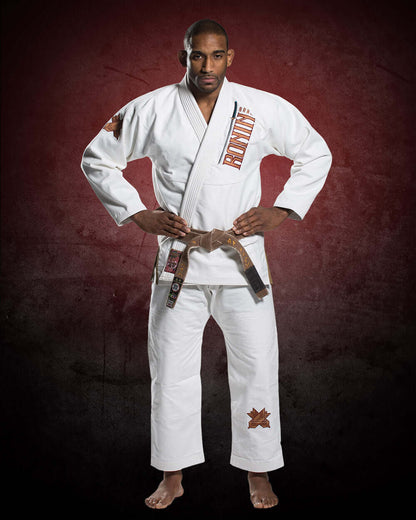 Roninbrand Emperor BJJ Gi in white, designed for comfort and grappling excellence in Brazilian Jiu Jitsu.