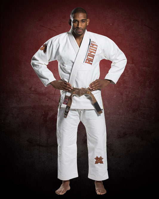 Roninbrand Emperor BJJ Gi in white, designed for comfort and grappling excellence in Brazilian Jiu Jitsu.
