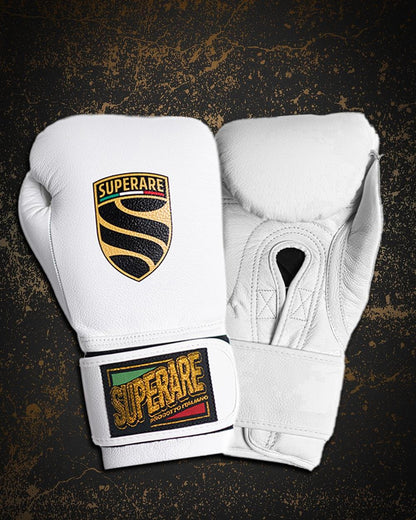 Superare S50 Boxing Gloves in white, crafted from A-grade Italian leather, symbolizing precision and discipline.