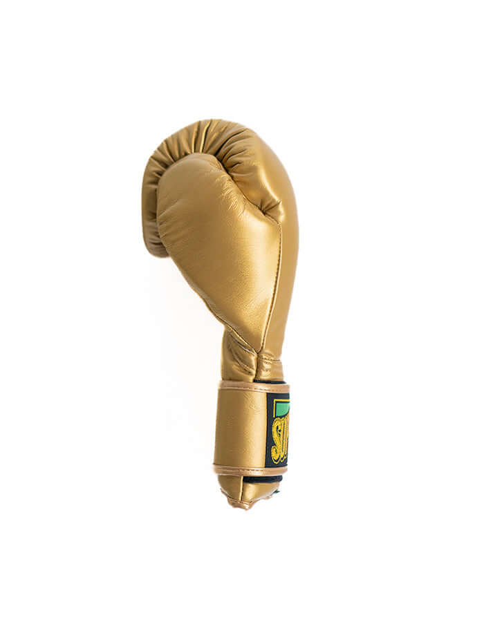 Superare S50 Gold Boxing Gloves showcasing full A-grade Italian leather craftsmanship.