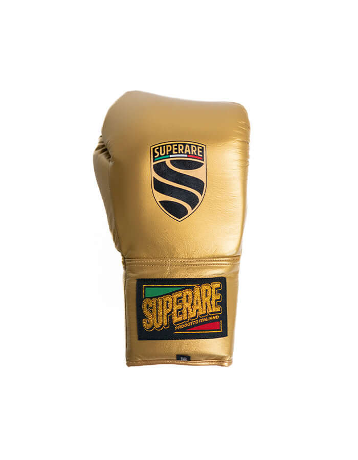 Superare S50 boxing gloves in luminous gold, crafted from A-grade Italian leather for professional fighters.