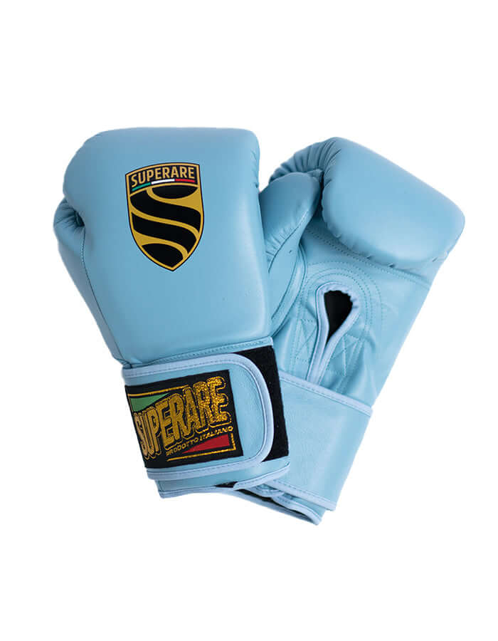 Superare S40 boxing gloves in sky blue with logo, premium Italian leather, designed for professional fighters.