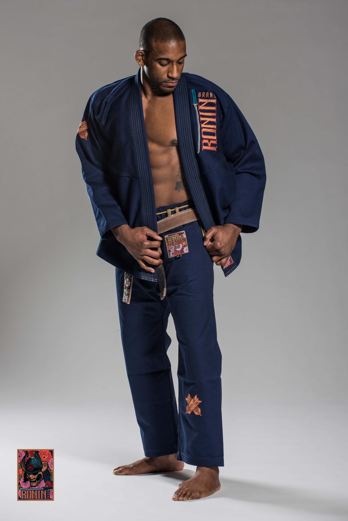 Roninbrand Emperor BJJ Gi in Navy, designed for comfort and grappling techniques, ideal for Brazilian Jiu Jitsu combat.