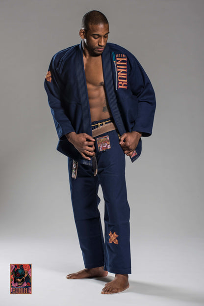 Roninbrand Emperor BJJ Gi in Navy, designed for comfort and grappling techniques, ideal for Brazilian Jiu Jitsu combat.