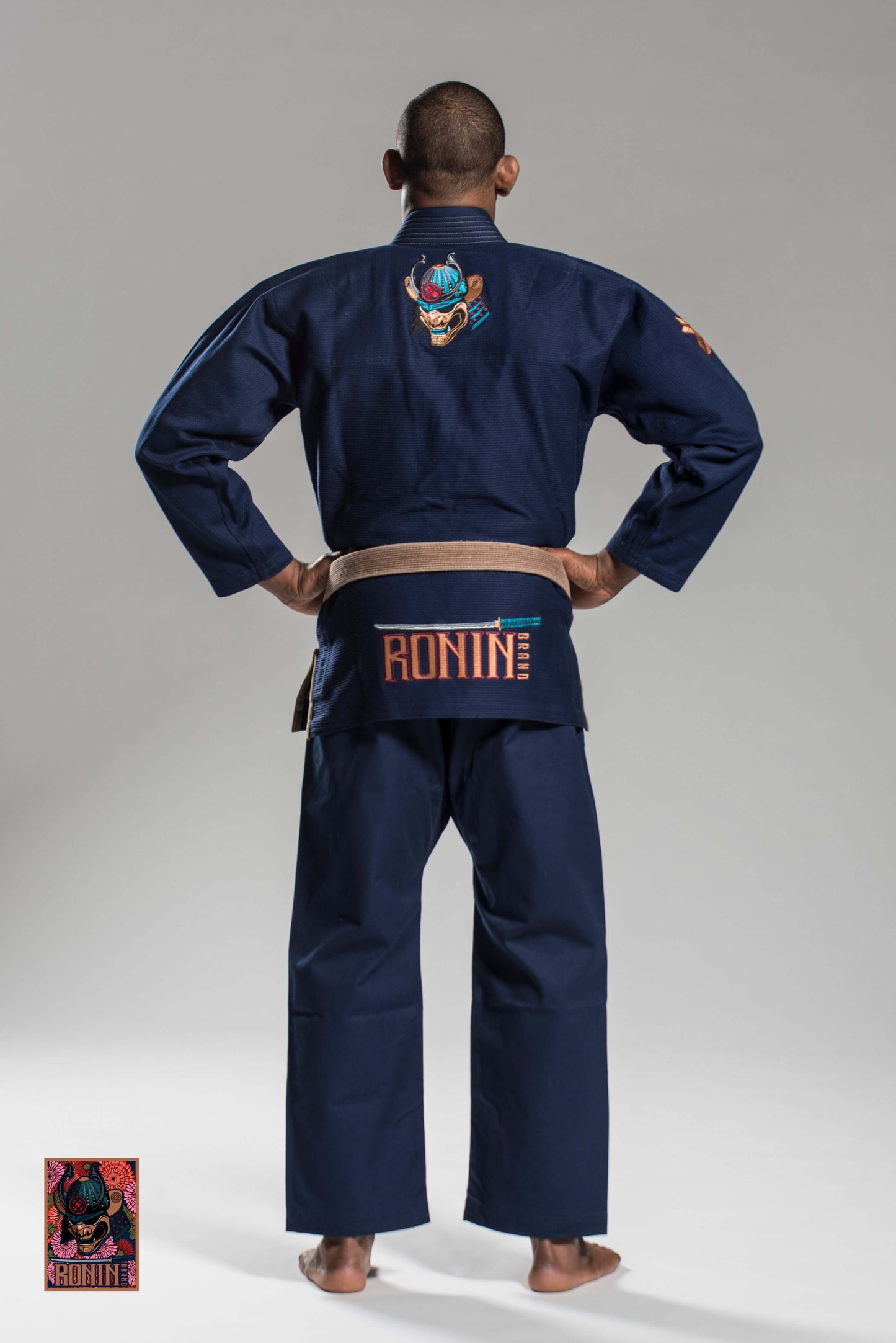 Roninbrand Navy Emperor BJJ Gi showing back view, designed for grappling and combat, best comfort for movement.