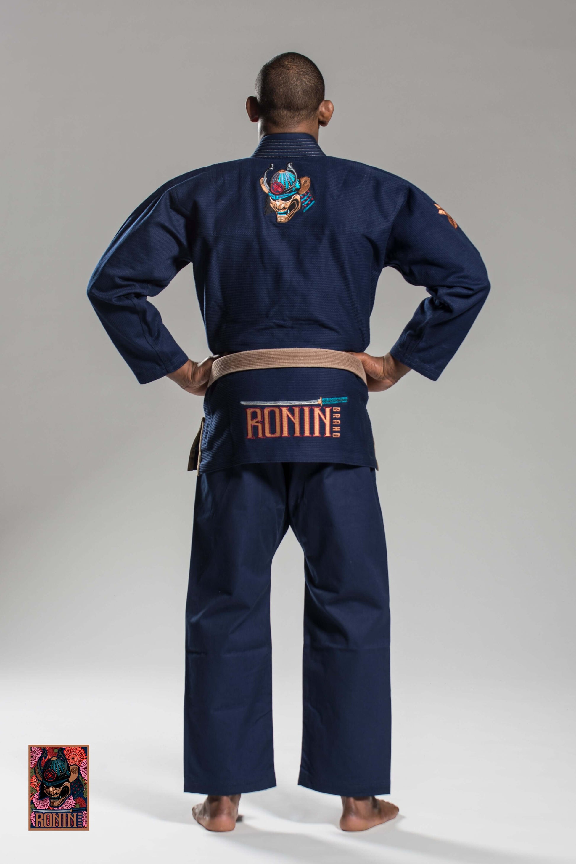 Roninbrand Navy Emperor BJJ Gi showing back view, designed for grappling and combat, best comfort for movement.