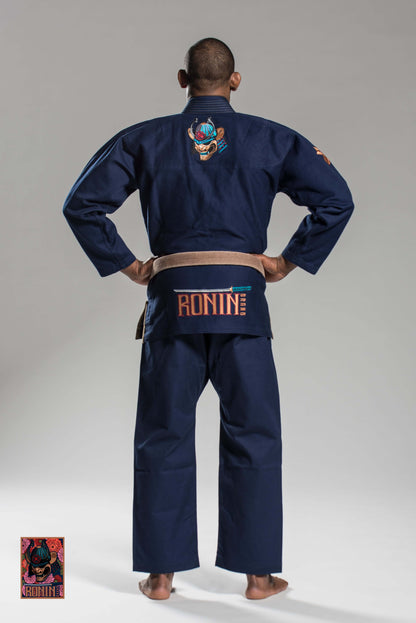 Roninbrand Navy Emperor BJJ Gi showing back view, designed for grappling and combat, best comfort for movement.