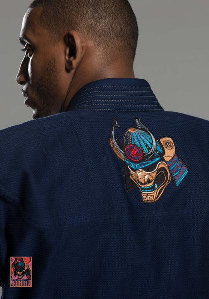 Navy Emperor BJJ Gi back detail featuring samurai embroidery, designed for comfort and grappling techniques.