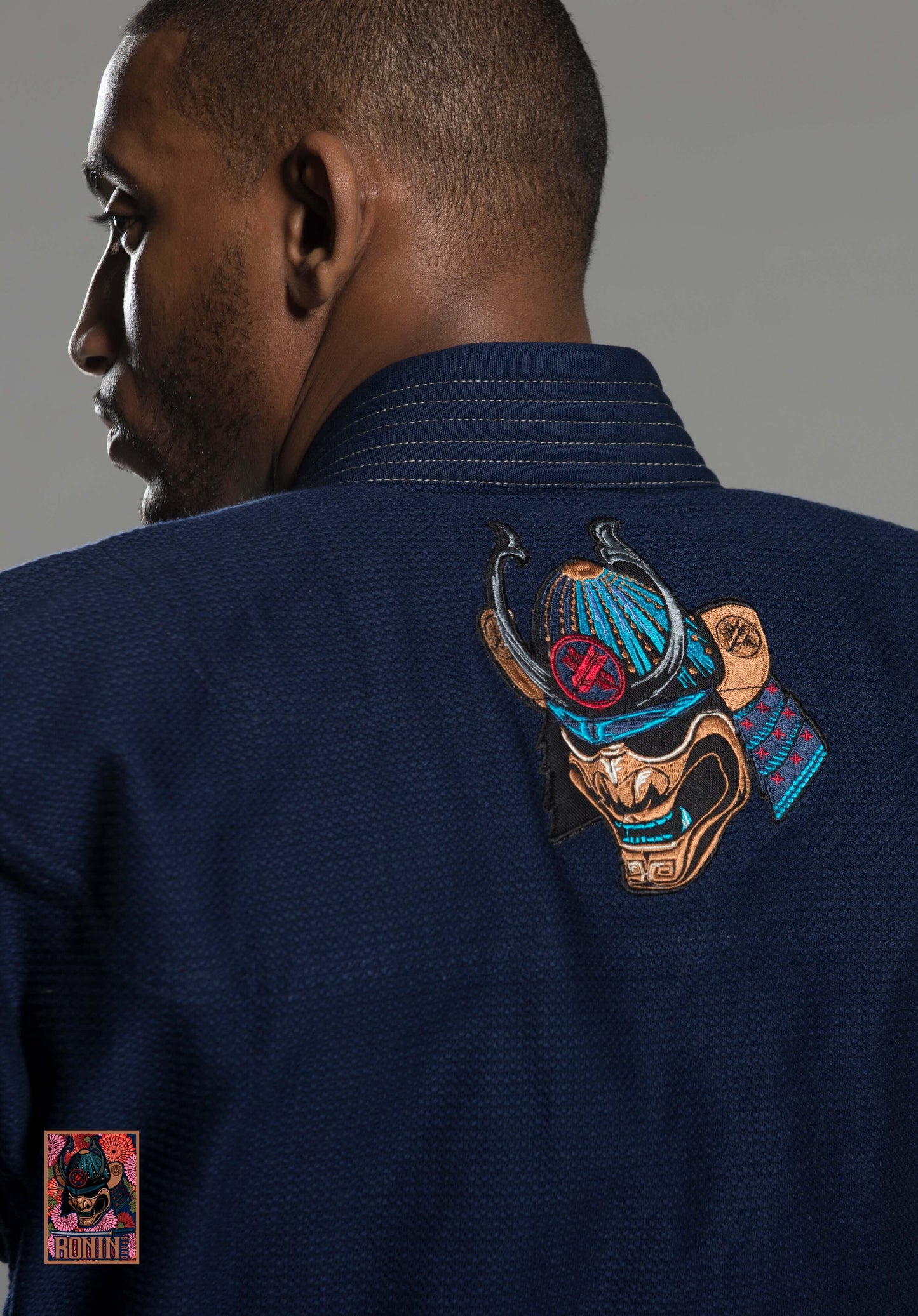 Navy Emperor BJJ Gi back detail featuring samurai embroidery, designed for comfort and grappling techniques.