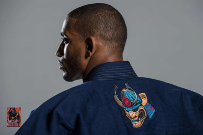 Roninbrand Emperor BJJ Gi in navy showing detailed back embroidery, perfect for grappling and combat techniques.