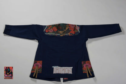 Roninbrand Emperor BJJ Gi in navy with intricate design, optimized for grappling and comfort in Brazilian Jiu Jitsu.