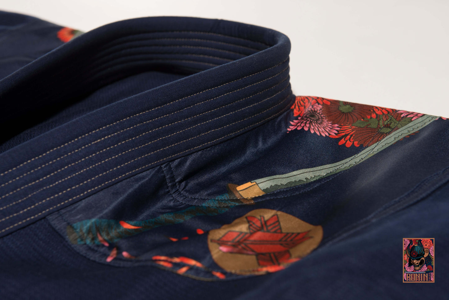 Close-up of Roninbrand Navy Emperor BJJ Gi collar with intricate designs for grappling excellence.