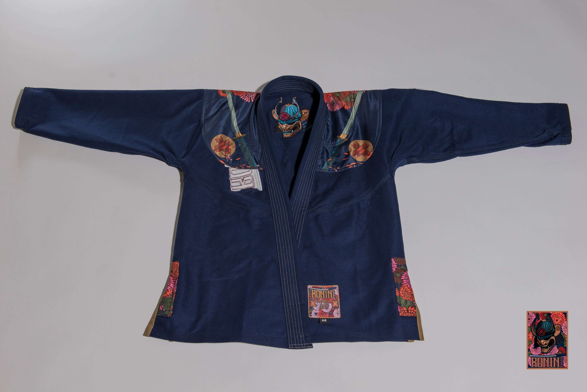 Roninbrand Emperor BJJ Gi in navy with intricate designs, made for comfort and optimal grappling performance.