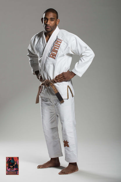 Roninbrand Emperor BJJ Gi in white, designed for comfort and performance in Brazilian Jiu Jitsu combat.