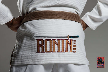 Roninbrand Emperor BJJ Gi back view with embroidered logo and brown belt, designed for comfort and grappling techniques.