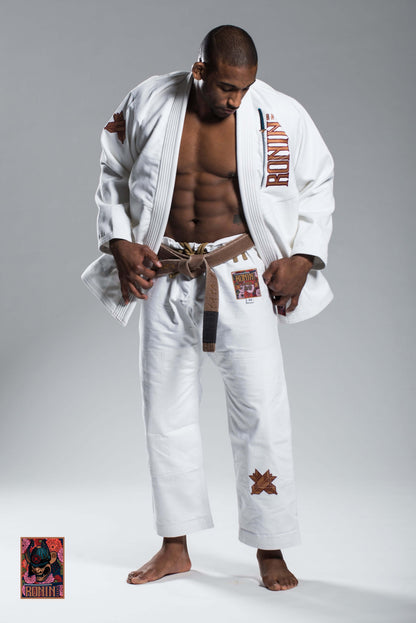 Roninbrand Emperor BJJ Gi in white, designed for ultimate comfort and performance in Brazilian Jiu Jitsu.