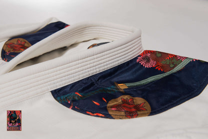 Roninbrand Emperor BJJ Gi collar detail showcasing intricate chrysanthemum embroidery and premium fabric design.