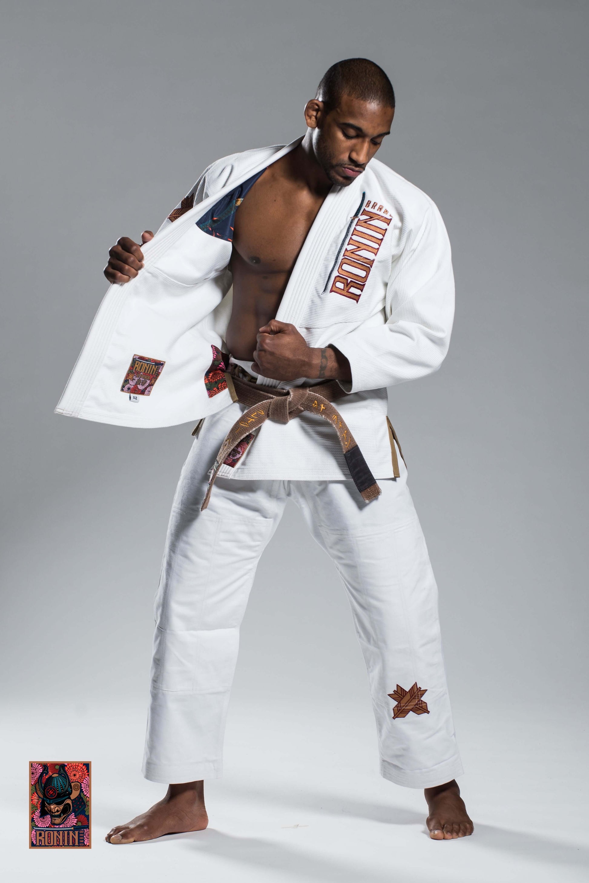 Roninbrand Emperor BJJ Gi in white, designed for ultimate comfort and grappling performance in Brazilian Jiu Jitsu.