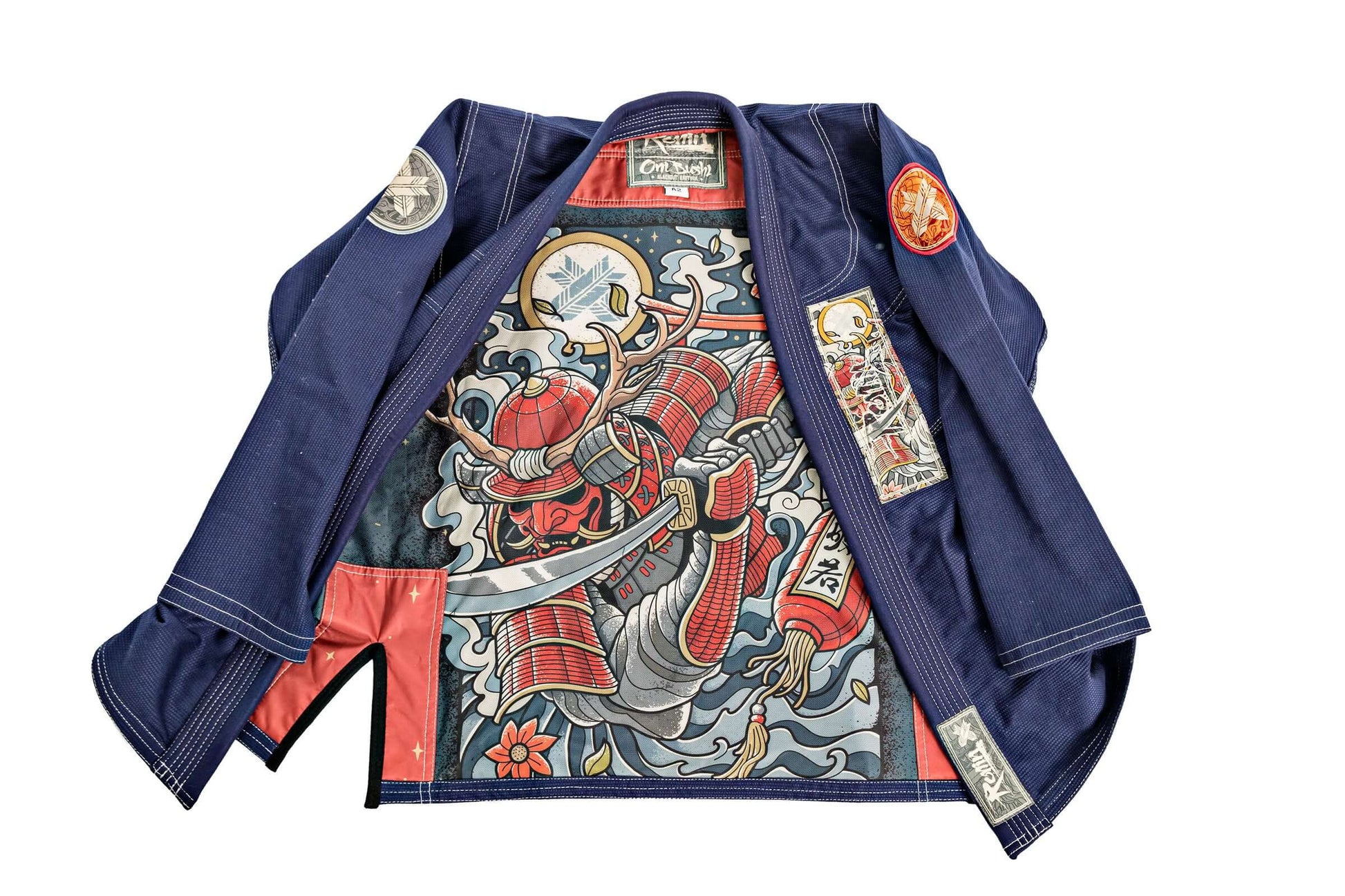 Roninbrand Oni Bushi Navy BJJ Gi featuring intricate inner design, perfect for fighters seeking elite performance and comfort.