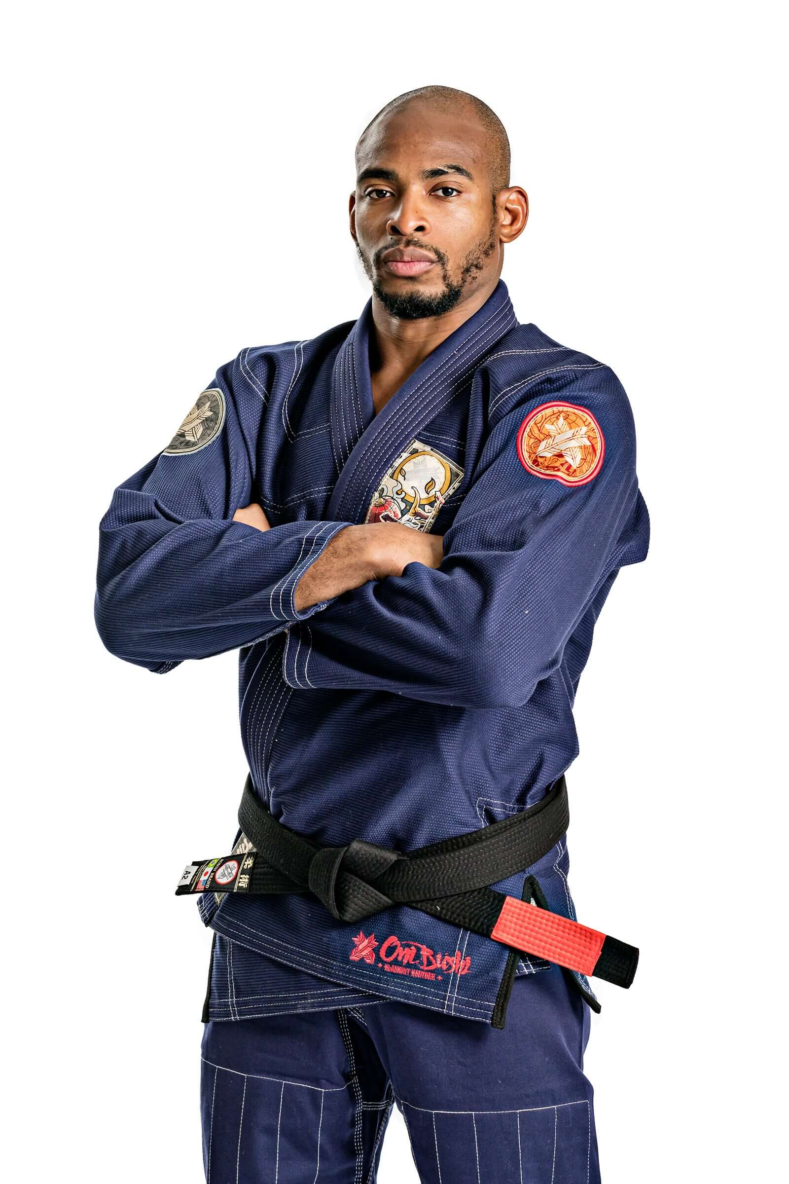 Model showcasing Roninbrand Oni Bushi Navy BJJ Gi, designed for elite Brazilian Jiu Jitsu fighters.