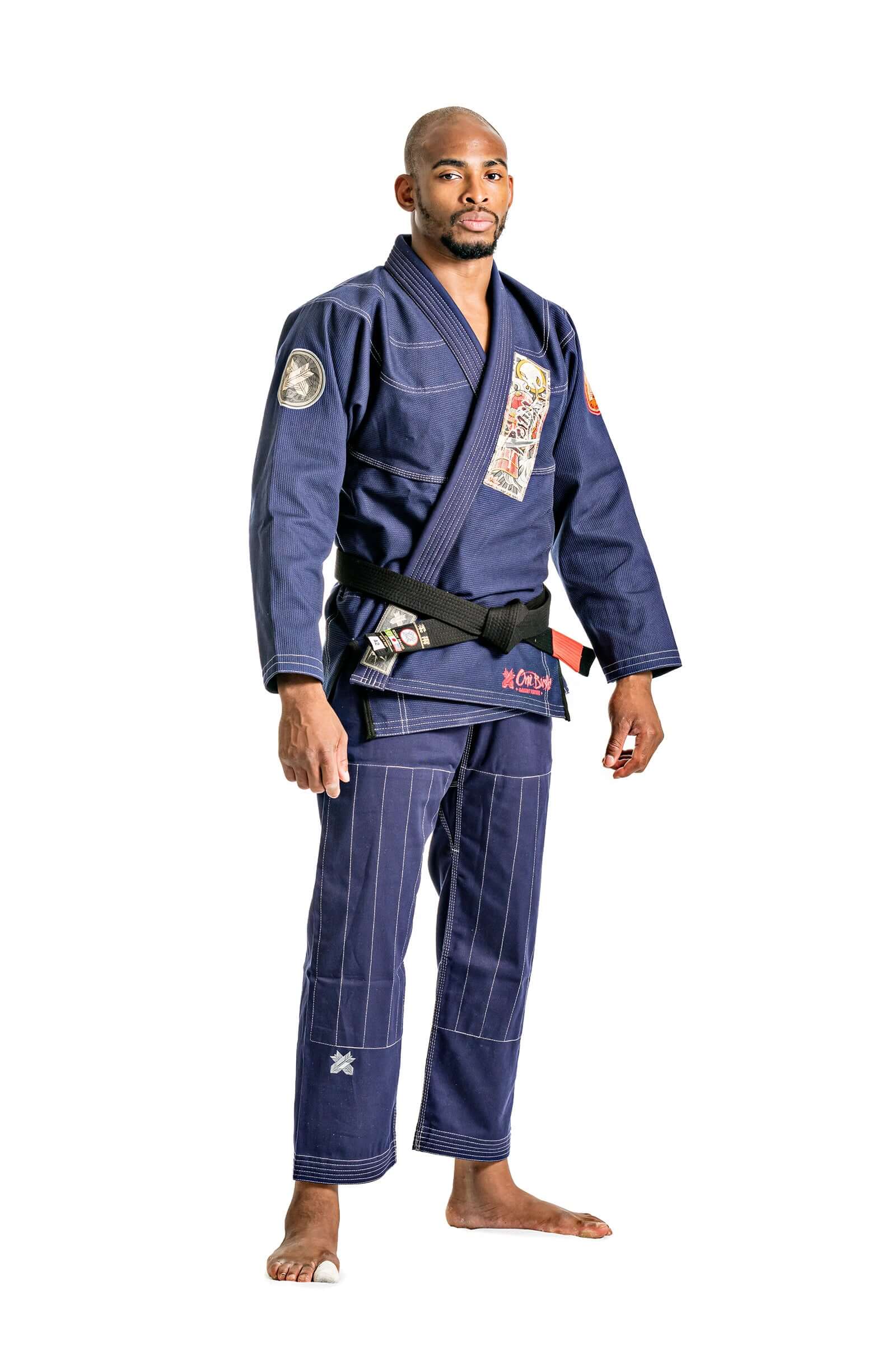 Roninbrand Oni Bushi Navy BJJ Gi on a male fighter, designed for durability and comfort, perfect for Brazilian Jiu Jitsu.