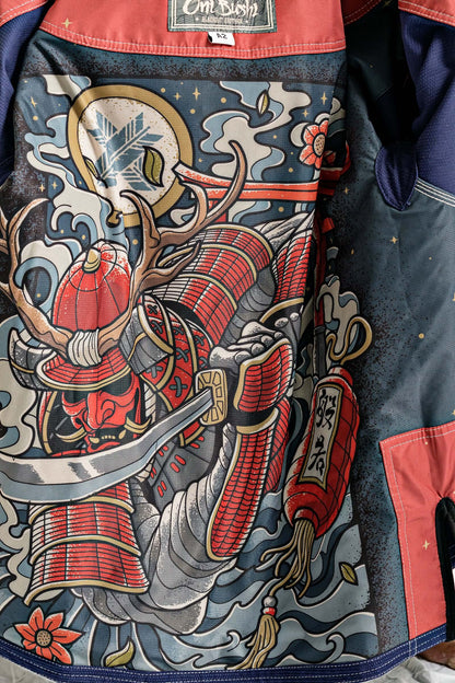 Intricate artwork of a samurai warrior with a sword inside the Roninbrand Oni Bushi BJJ Gi, symbolizing strength and cunning.