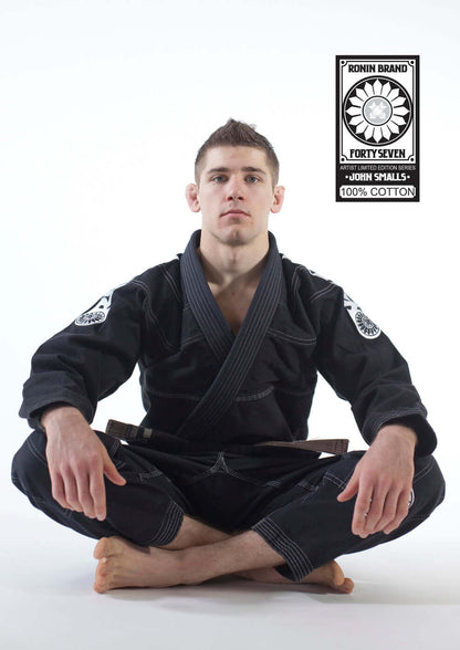 Male martial artist in Roninbrand 47 BJJ Gi, showcasing comfort and design for Brazilian Jiu Jitsu training.
