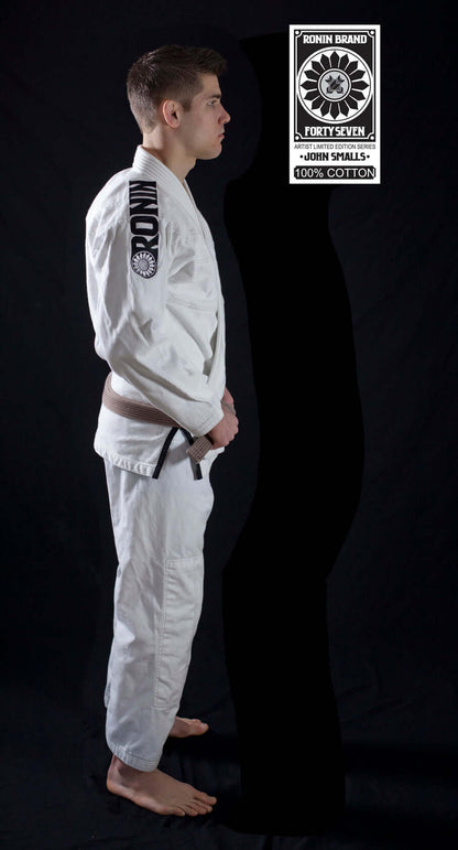 Roninbrand 47 BJJ Gi in white, showcasing fit and style, honoring the legacy of samurai, designed for Brazilian Jiu Jitsu fighters.