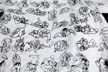 White t-shirt featuring various grappling illustrations, showcasing Brazilian Jiu Jitsu techniques.