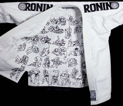 Ronin BJJ gi featuring colorful illustrations on the interior, showcasing grappling techniques. Perfect for BJJ enthusiasts.