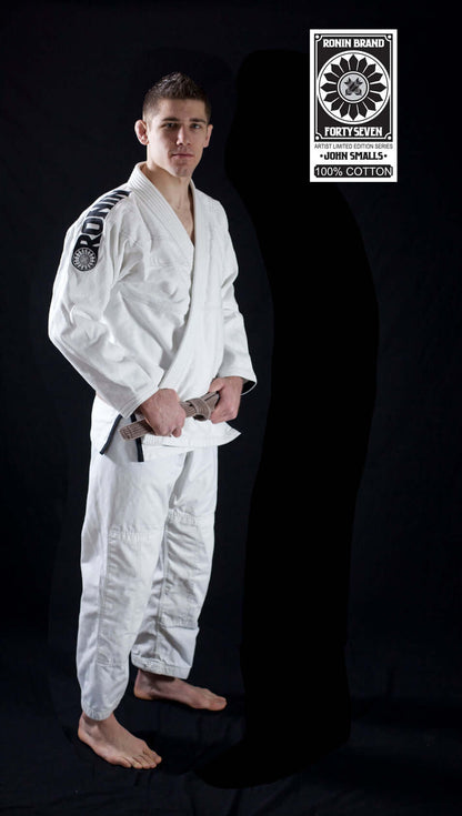 Roninbrand 47 BJJ Gi in white worn by a male model, showcasing ultimate comfort for Brazilian Jiu-Jitsu fighters.