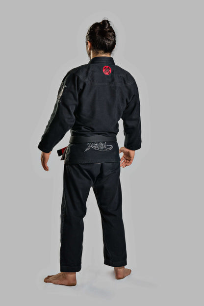 Back view of a fighter wearing the Roninbrand Samurai Ghost BJJ Gi in Black, showcasing premium design and fit.