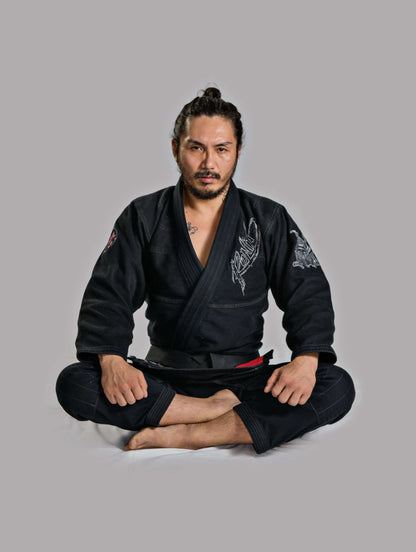 Roninbrand Samurai Ghost BJJ Gi in black, designed for comfort and fit, ideal for professional Brazilian Jiu Jitsu fighters.