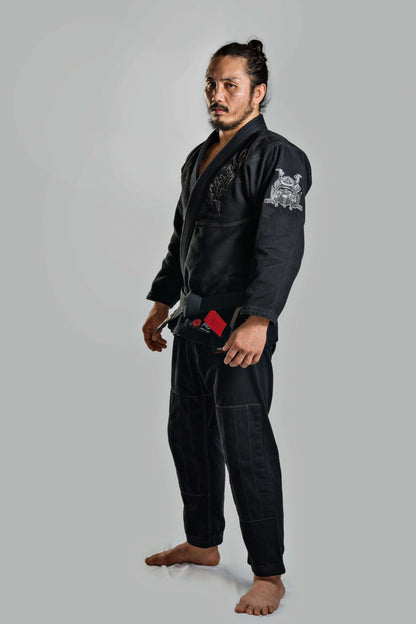 Roninbrand Samurai Ghost Black BJJ Gi worn by a fighter, showcasing professional Brazilian Jiu Jitsu gear for optimal comfort.