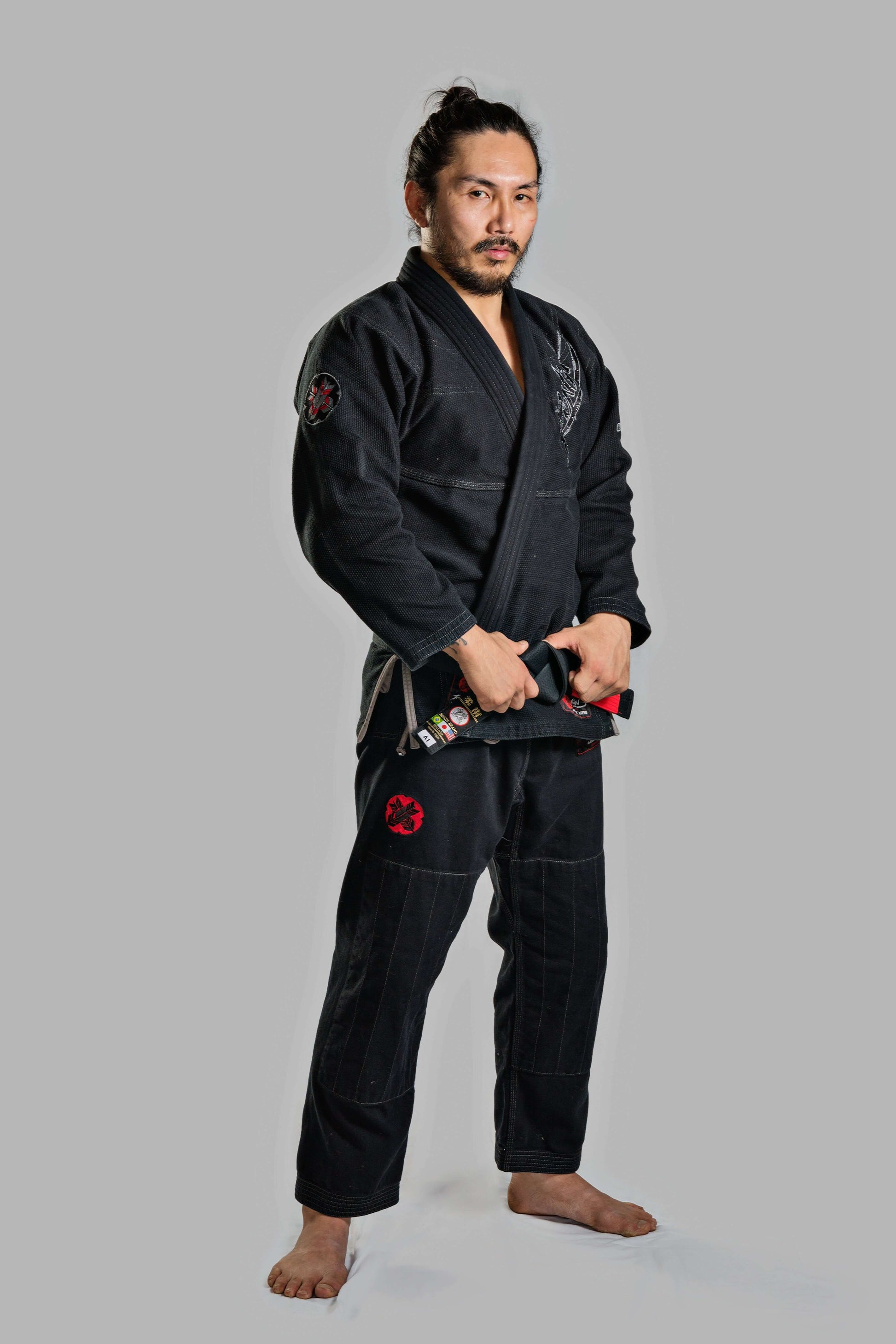 Roninbrand Samurai Ghost BJJ Gi in black worn by martial artist, designed for ultimate comfort and fit for fighters.