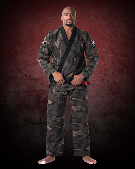 Roninbrand Camo BJJ Gi in green for Brazilian Jiu Jitsu, designed for comfort and peak performance in combat.