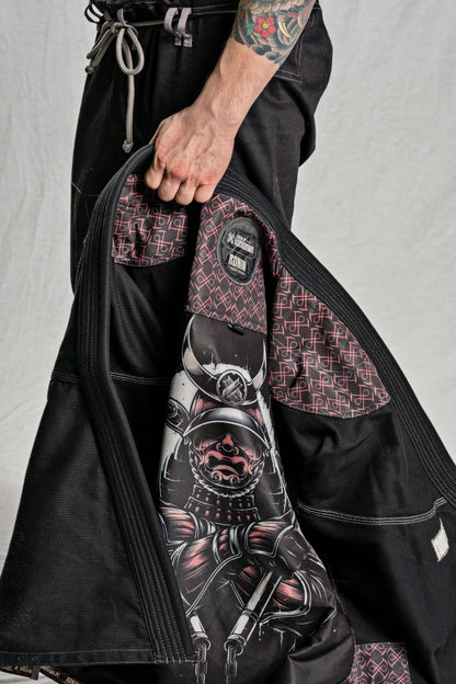 Roninbrand Kurosawa BJJ Gi interior design featuring warrior graphics, showcasing style and comfort for Brazilian Jiu Jitsu.